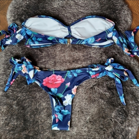 New Blue Floeal Sexy Off Shoulder Self Tie Brazilian Two Piece Swimsuit - Picture 7 of 7